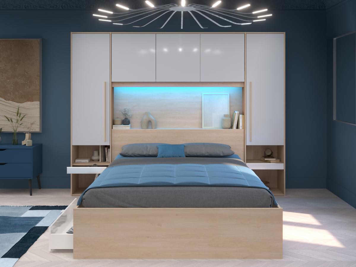Vente-unique Bett mit Stauraum 160 x 200 cm mit LED-Beleuchtung + Lattenrost - Holzfarben & glänzend - VELONA  