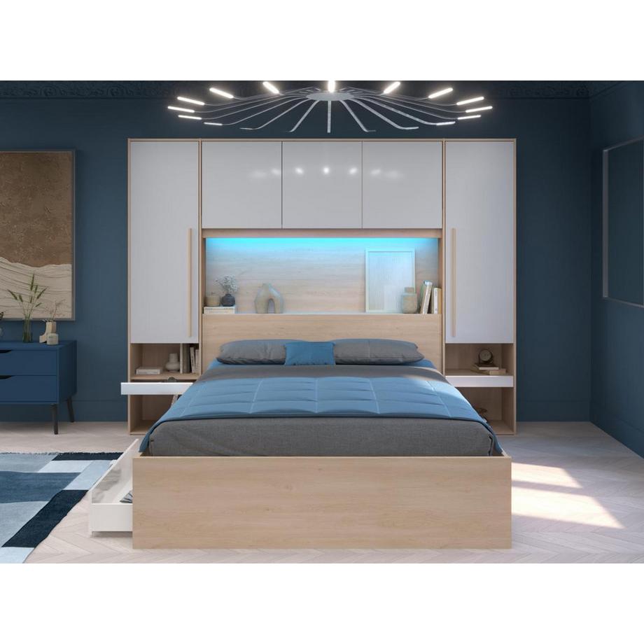 Vente-unique Lit pont 160 x 200 cm avec rangements - avec LEDs - Coloris : Naturel et blanc brillant + Sommier - VELONA  