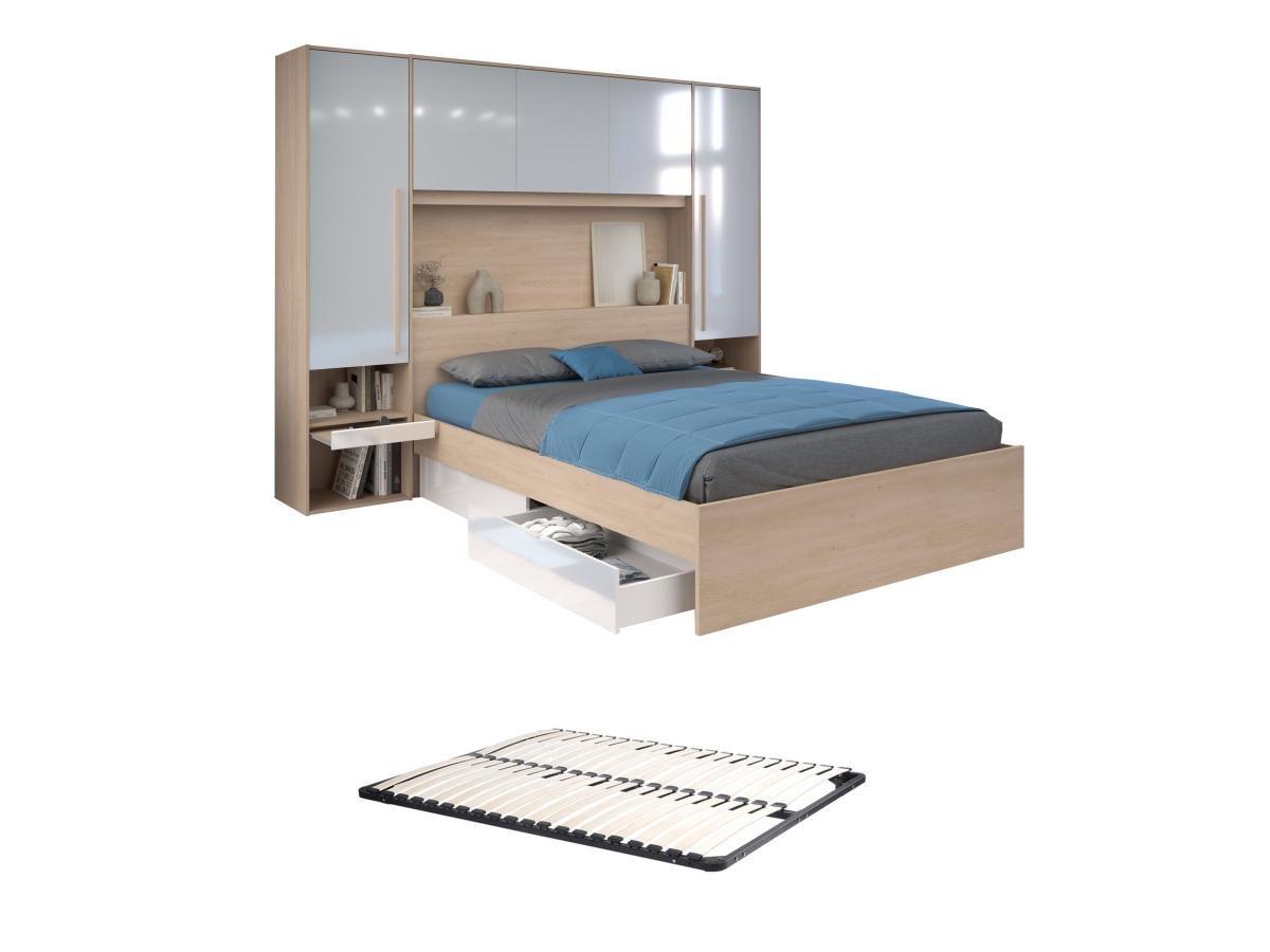 Vente-unique Letto con LED e vani portaoggetti 160 x 200 cm Naturale e Bianco lucido + Materasso - VELONA  