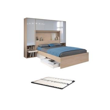 Letto con LED e vani portaoggetti 160 x 200 cm Naturale e Bianco lucido + Materasso - VELONA