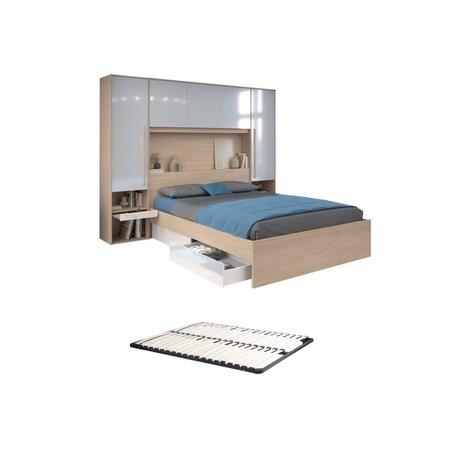 Vente-unique Letto con LED e vani portaoggetti 160 x 200 cm Naturale e Bianco lucido + Materasso - VELONA  