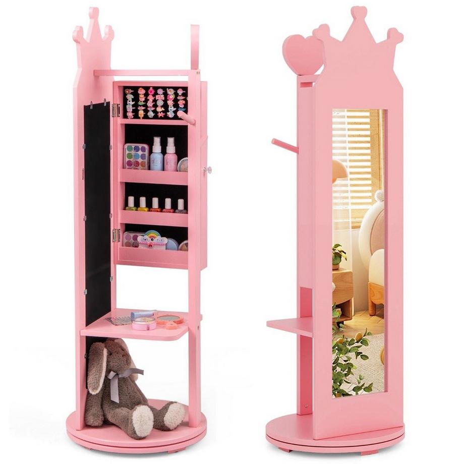 Northix Armadietto per gioielli per bambini 4 in 1, armadietto a specchio girevole a 360° con specchio a figura intera rosa  