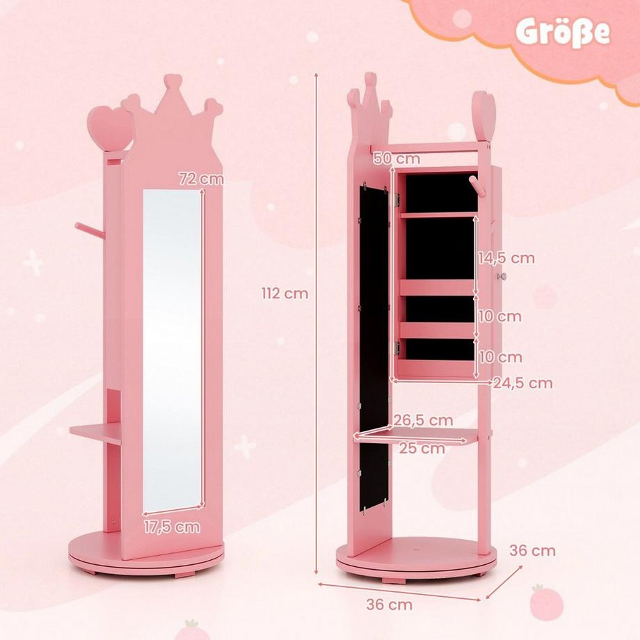 Northix Armadietto per gioielli per bambini 4 in 1, armadietto a specchio girevole a 360° con specchio a figura intera rosa  