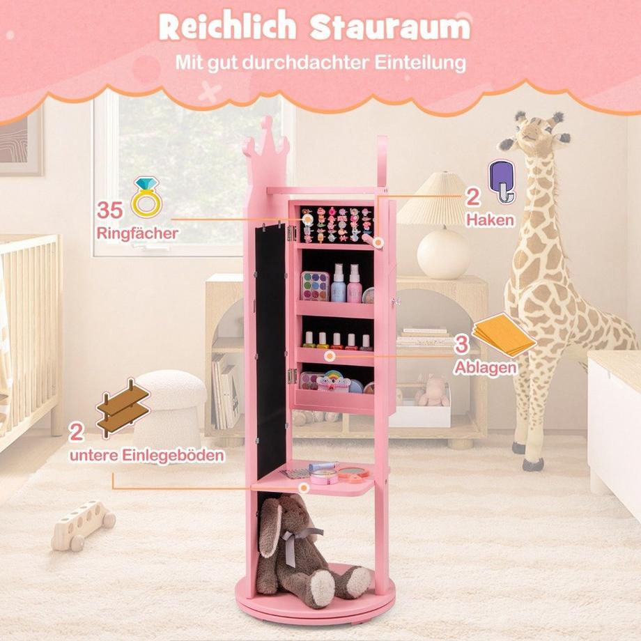 Northix Armadietto per gioielli per bambini 4 in 1, armadietto a specchio girevole a 360° con specchio a figura intera rosa  