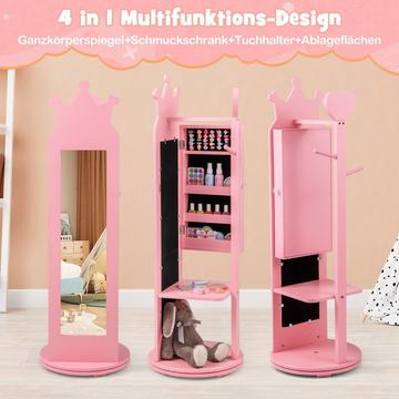 4 in 1 Kinder Schmuckschrank Spiegelschrank 360° drehbar mit Ganzkörperspiegel Rosa