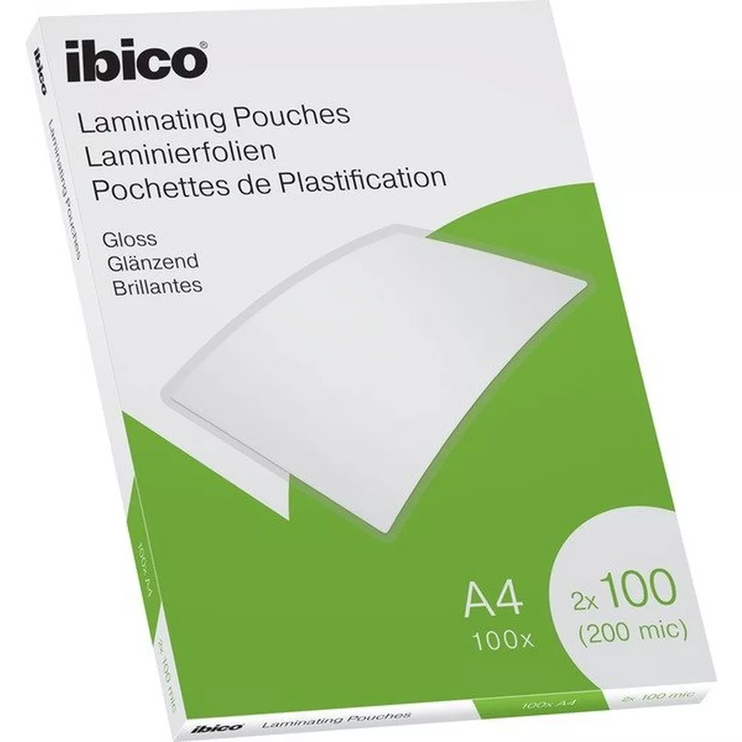 Ibico Gloss A4 Laminating Pouches 200 Micron Crystal clear Pack 100