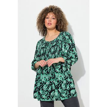 Blouse smockée, imprimé intégral et col rond, coupe évasée