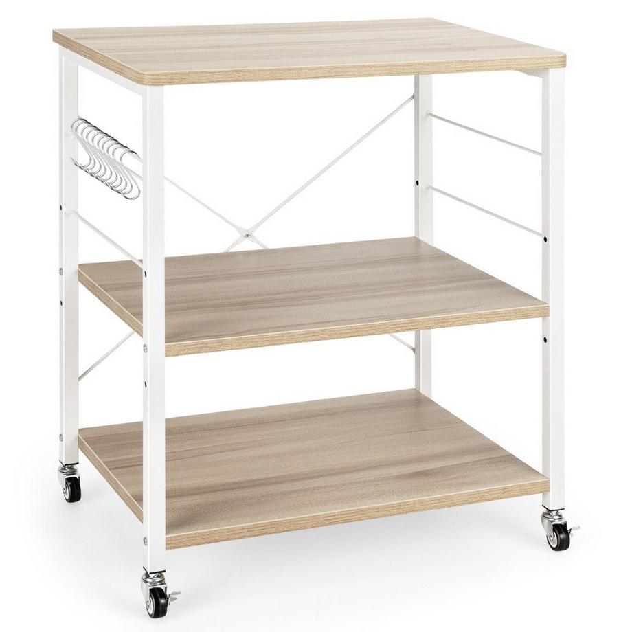 B2X 3 Ebenen Servierwagen Rollwagen mit Verstellbarer Ablage & 10 abnehmbaren Haken 60 x 40 x 73 cm Natur  