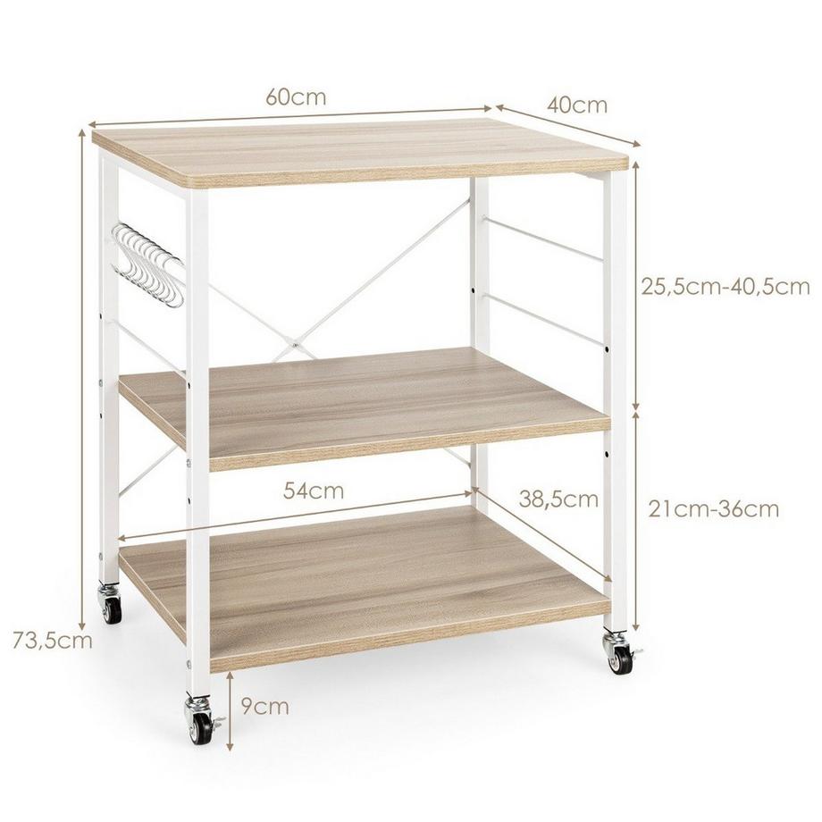 B2X 3 Ebenen Servierwagen Rollwagen mit Verstellbarer Ablage & 10 abnehmbaren Haken 60 x 40 x 73 cm Natur  