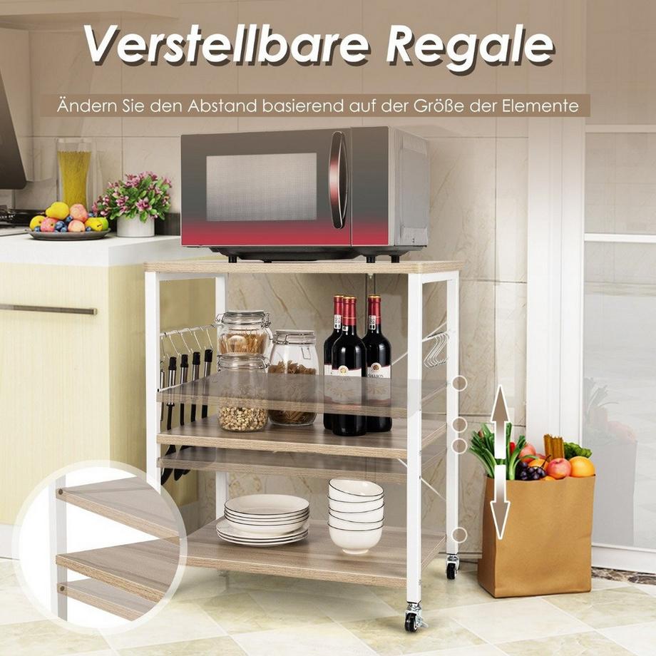 B2X 3 Ebenen Servierwagen Rollwagen mit Verstellbarer Ablage & 10 abnehmbaren Haken 60 x 40 x 73 cm Natur  