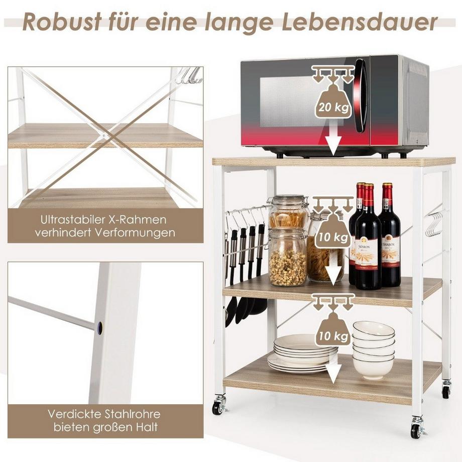 B2X 3 Ebenen Servierwagen Rollwagen mit Verstellbarer Ablage & 10 abnehmbaren Haken 60 x 40 x 73 cm Natur  