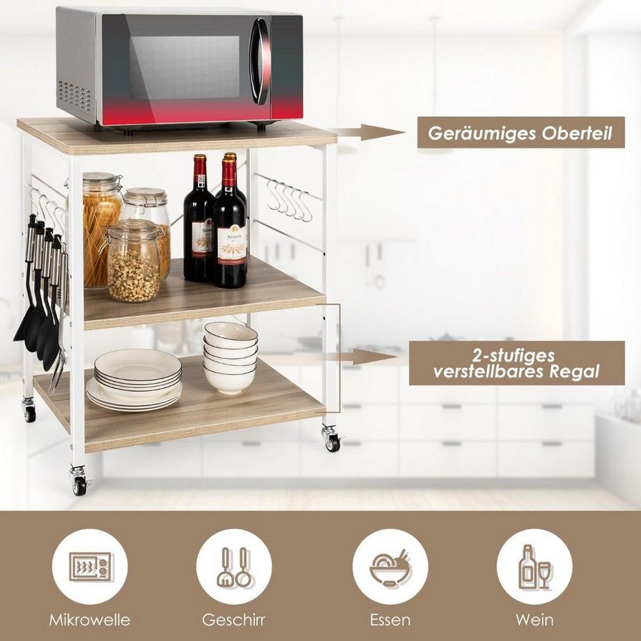 3 Ebenen Servierwagen Rollwagen mit Verstellbarer Ablage & 10 abnehmbaren Haken 60 x 40 x 73 cm Natur