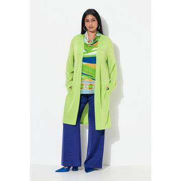 Long-Strickjacke, offene Form, V-Ausschnitt, Stehkragen