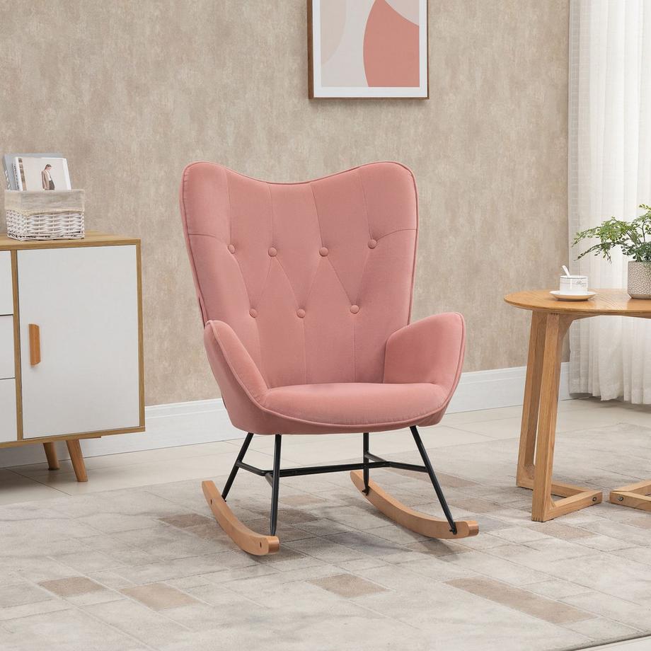 Northio Schaukelstuhl Relaxstuhl Mit Stahlrahmen, Gepolstert, Lounge, Samtartiges Polyester, Gummiholz, Rosa+Natur, 84X70X96Cm  