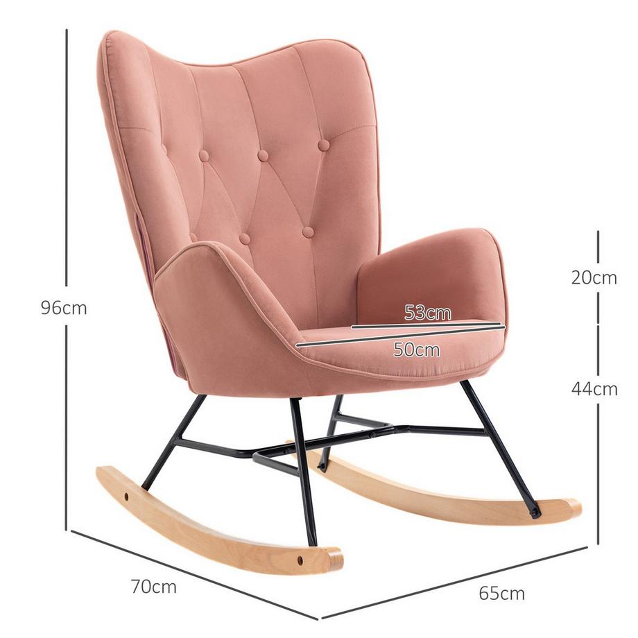Northio Schaukelstuhl Relaxstuhl Mit Stahlrahmen, Gepolstert, Lounge, Samtartiges Polyester, Gummiholz, Rosa+Natur, 84X70X96Cm  