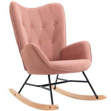 Rocking Chair Relax Chair Avec Structure En Acier, Rembourré, Lounge, Polyester Velouté, Bois D'Hévéa, Rose + Naturel, 84X70X96Cm
