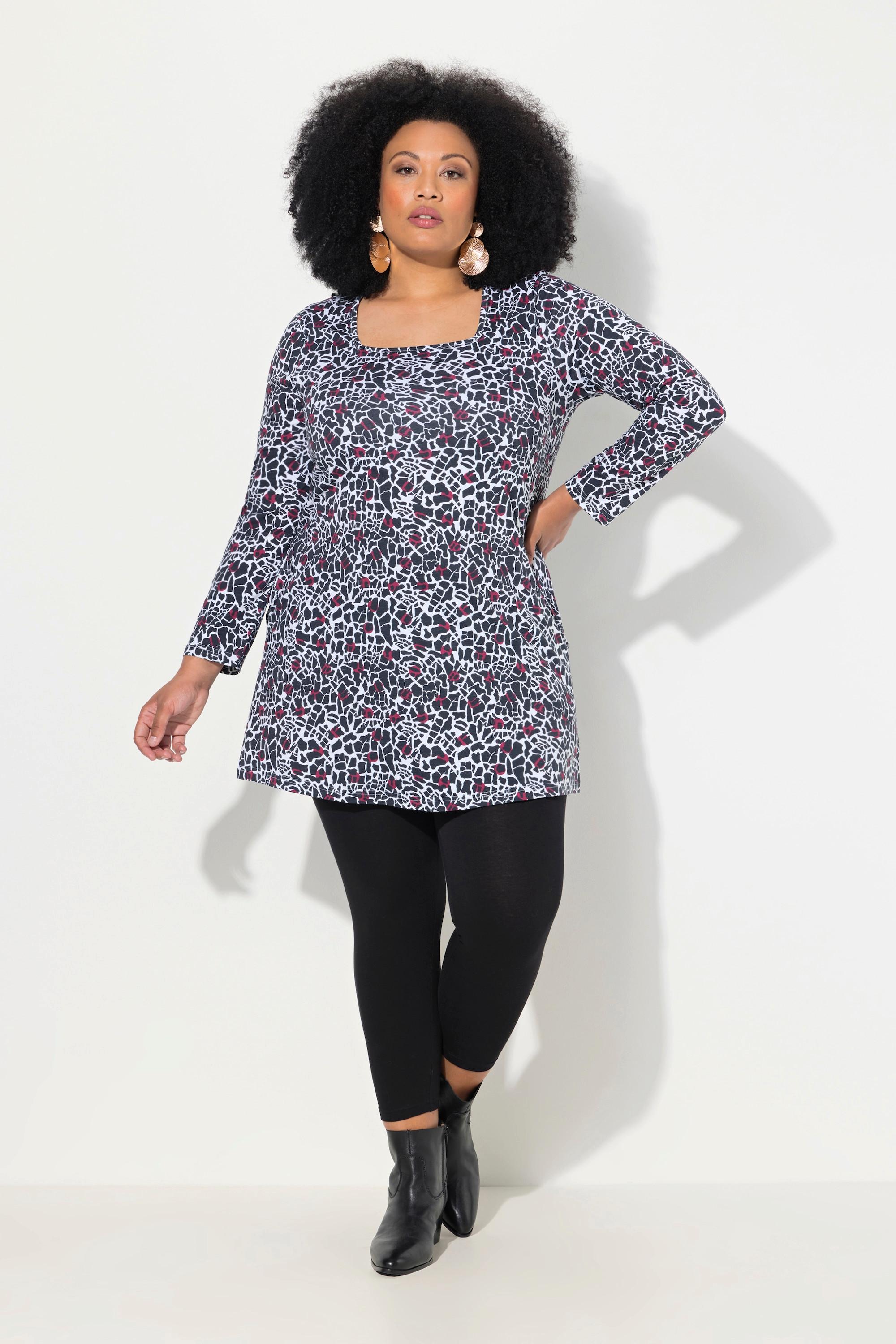 Ulla Popken  Longshirt, gemustert, A-Linie, Carree-Ausschnitt, Langarm 