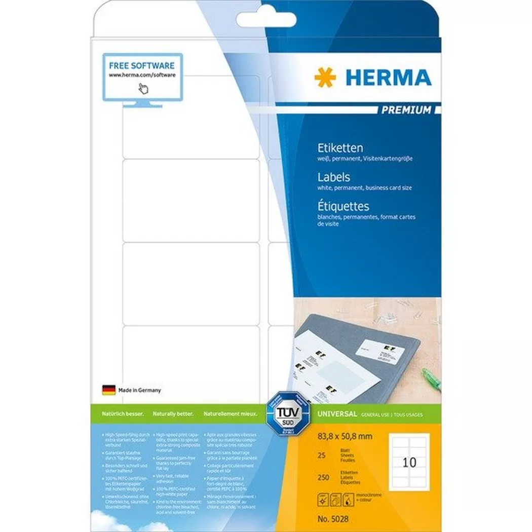 HERMA – Etiketten Visitenkartengrösse 5028 weiss, 250 Stk./ 10 Blatt, One Size