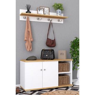 VCM Banc en bois 2 pièces, armoire à chaussures, étagère à chaussures, portemanteau, meuble d'entrée Gados L  