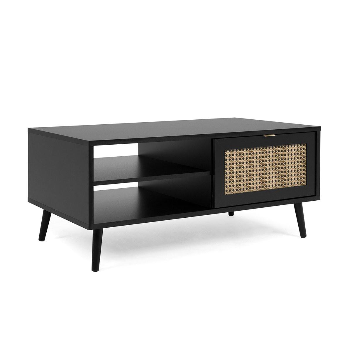 Calicosy Table Basse 1 Porte 2 Niches Impression Cannage et Noir L100 x H46 x P60 cm - VILLA  