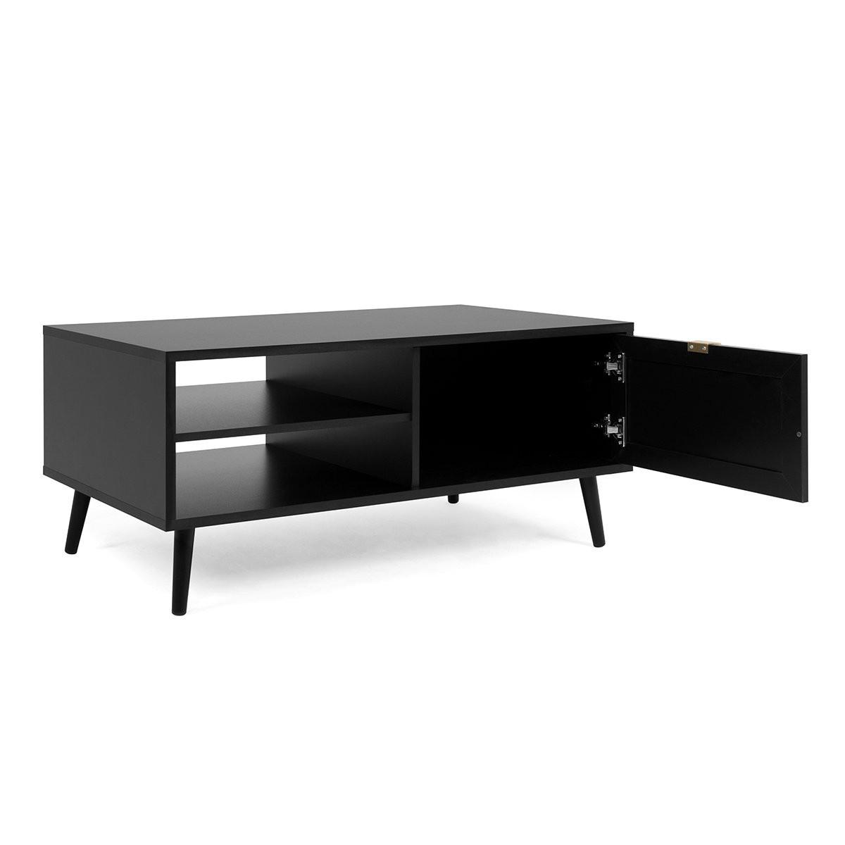 Calicosy Table Basse 1 Porte 2 Niches Impression Cannage et Noir L100 x H46 x P60 cm - VILLA  