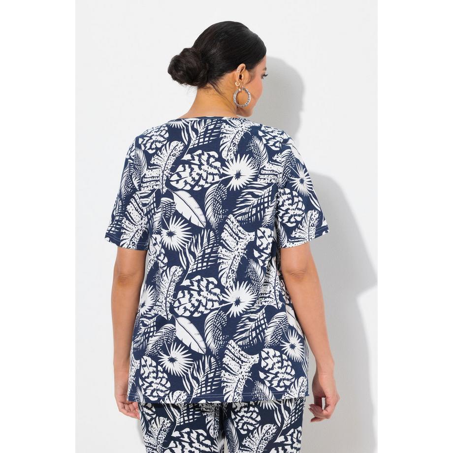 Ulla Popken Motif de plumes Coupe évasée Col V Manches courtes T-shirt  