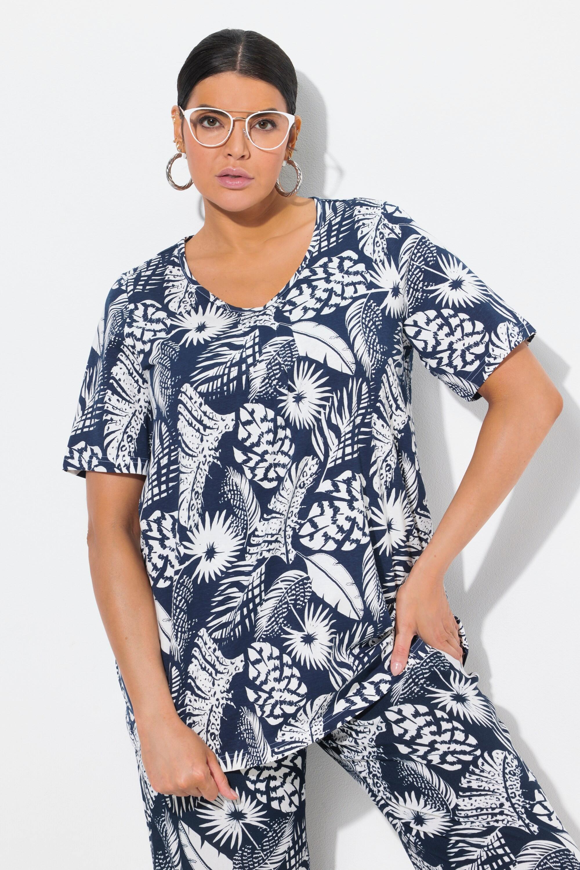 Ulla Popken Stampa piume Taglio svasato Scollo a V Mezze maniche T-shirt  