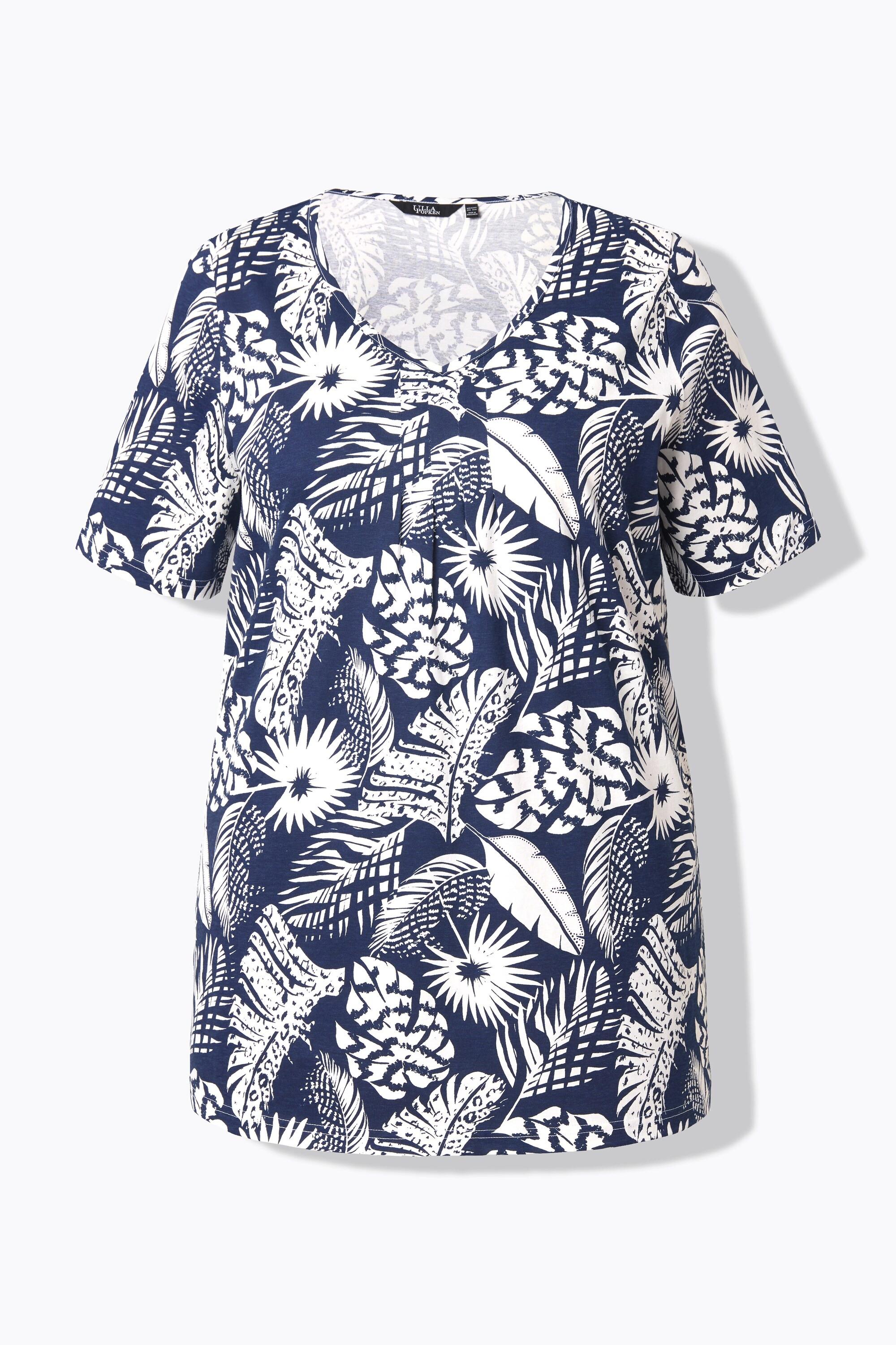 Ulla Popken Stampa piume Taglio svasato Scollo a V Mezze maniche T-shirt  