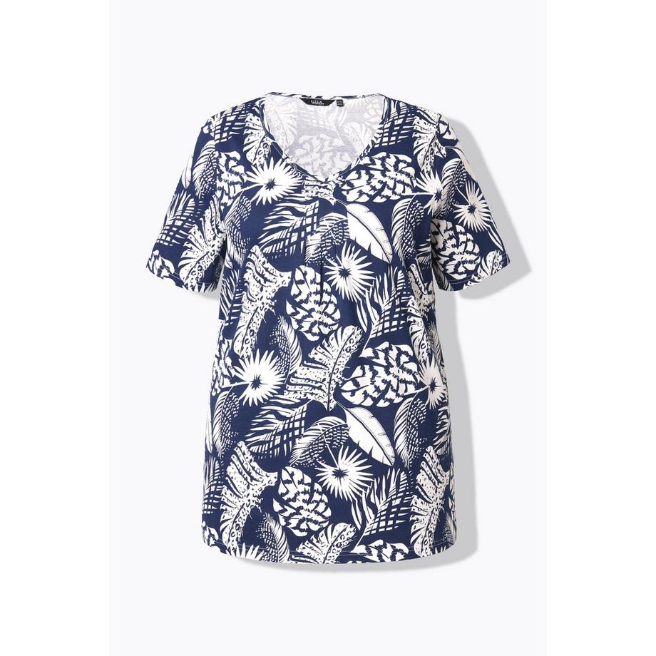 Ulla Popken Motif de plumes Coupe évasée Col V Manches courtes T-shirt  