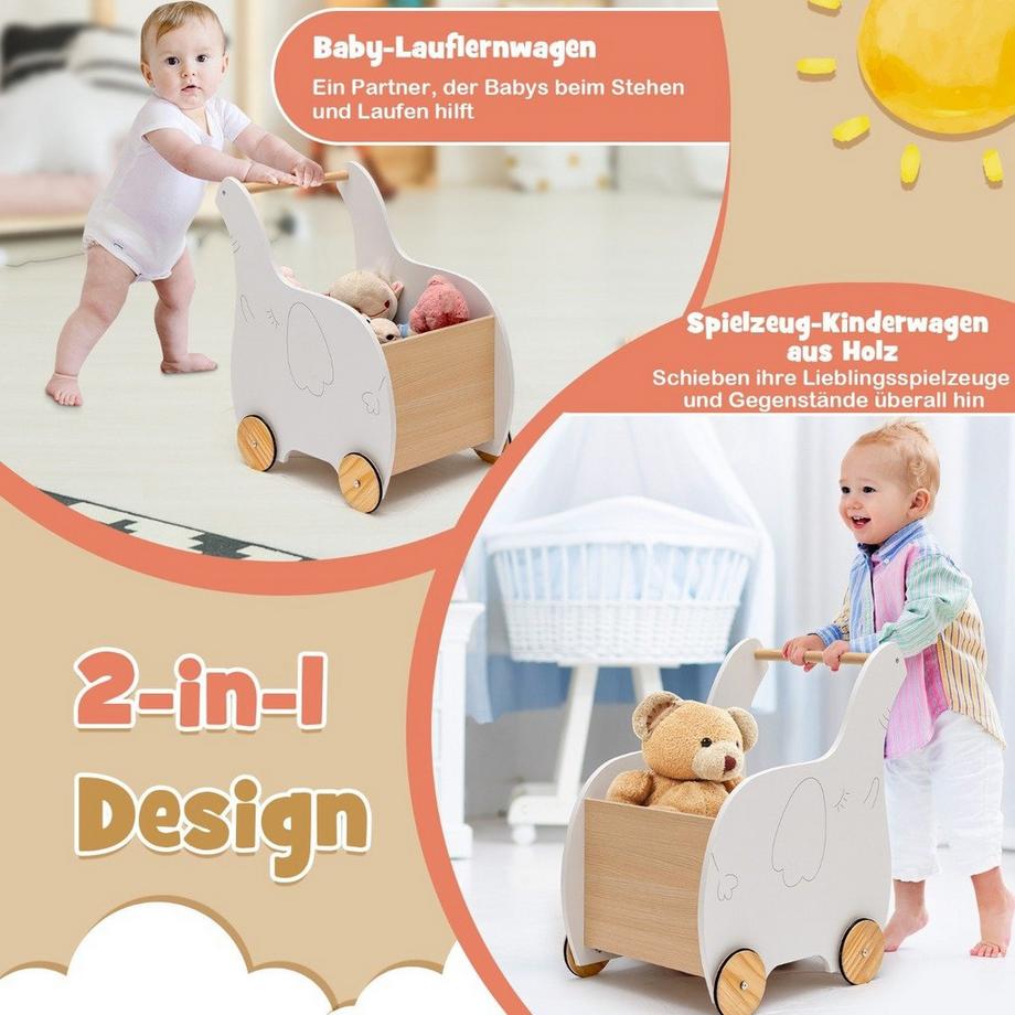 Northix  Trotteur 2 en 1 en bois en forme d'éléphant avec grand coffre à jouets blanc 