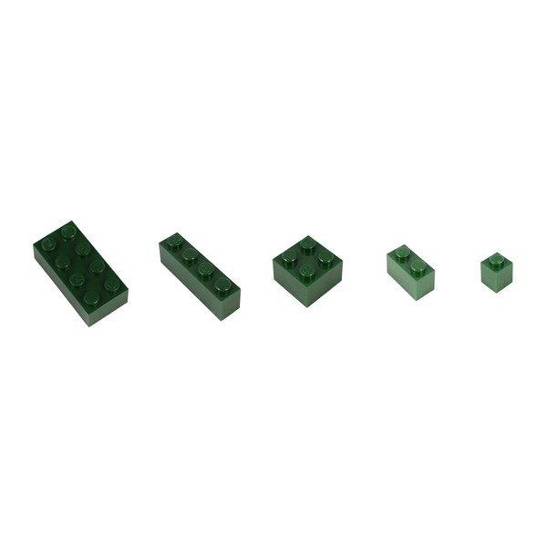 Q-BRICKS        Dieses Farbset mit verschiedenen Ziegelgrößen eignet sich für kreative Bauideen.   Das Set enthält 300 Steine ​​in den Abmessungen 1×1 (60 Stück), 1×2 (60 Stück), 1×4 (60 Stück), 2×2 (60 Stück) und 2×4 (60 Stück).   RAL-Farbe: Moos 6005              