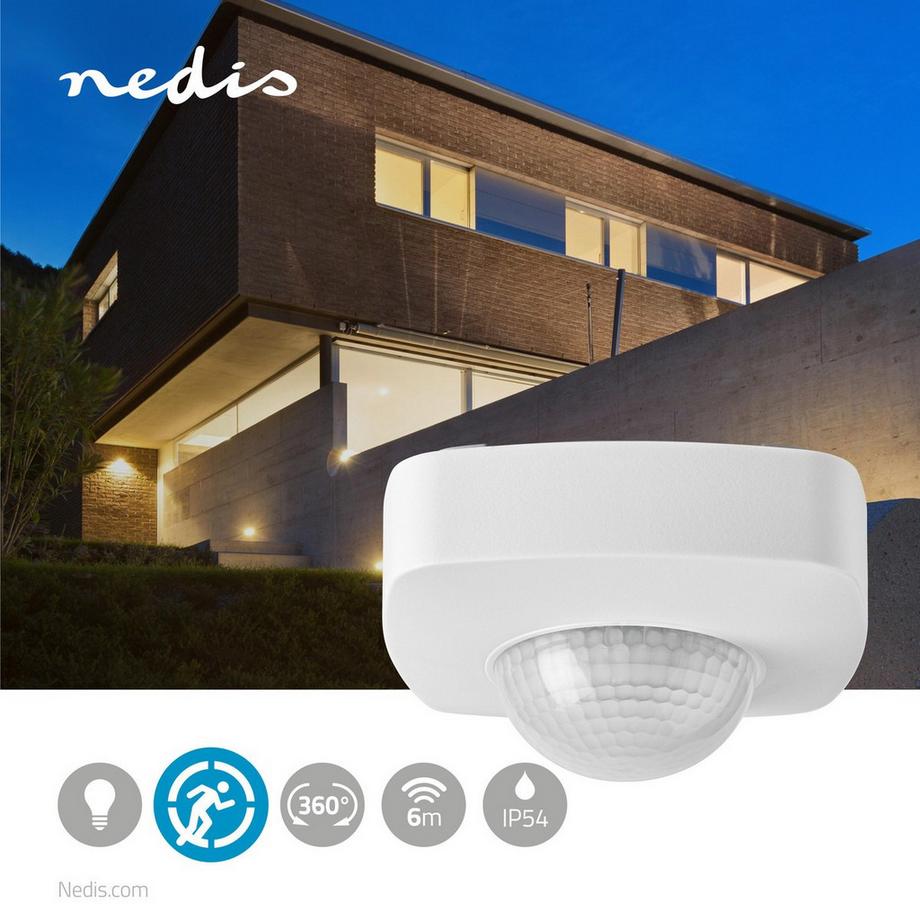 Nedis  Bewegungsmelder | Innen- und Außenbereich | 3-Draht | Typ F (CEE 7/7) | 360° | 5 - 300 W | 300 W | 1200 W | 3 - 2000 Lux | Sensortechnik: PIR | Sensorreichweite: 2,0 - 8,0 m 