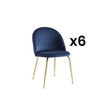 Lot de 6 chaises - Velours et métal doré - Bleu - MELBOURNE