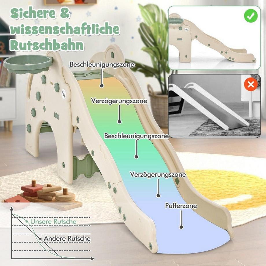 B2X  Rutsche Outdoor 4 in 1 Kinder Rutsche & Tunnel & Basketballkorb & Leiter 187,5 x 75 x 77,5 cm Grün 