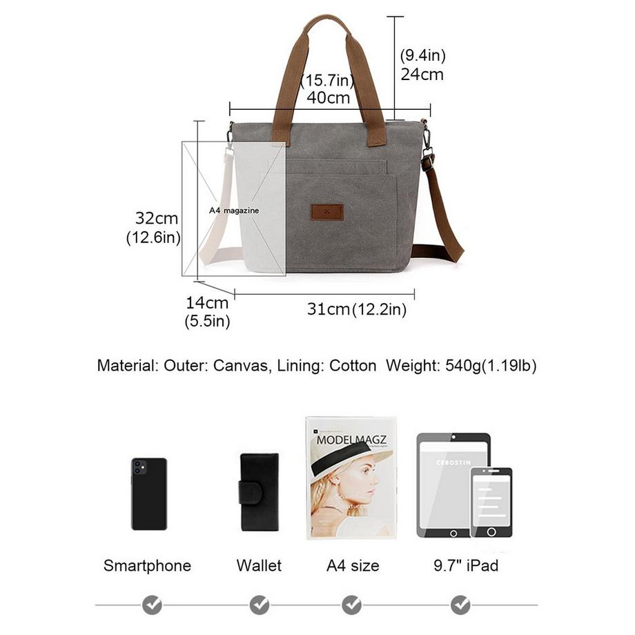 Only-bags.store Sac Fourre-Tout en Toile avec Fermeture Éclair Sac à Bandoulière  