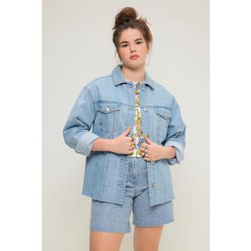 Chemise en jean coupe boxy à manches longues, strass et col chemise