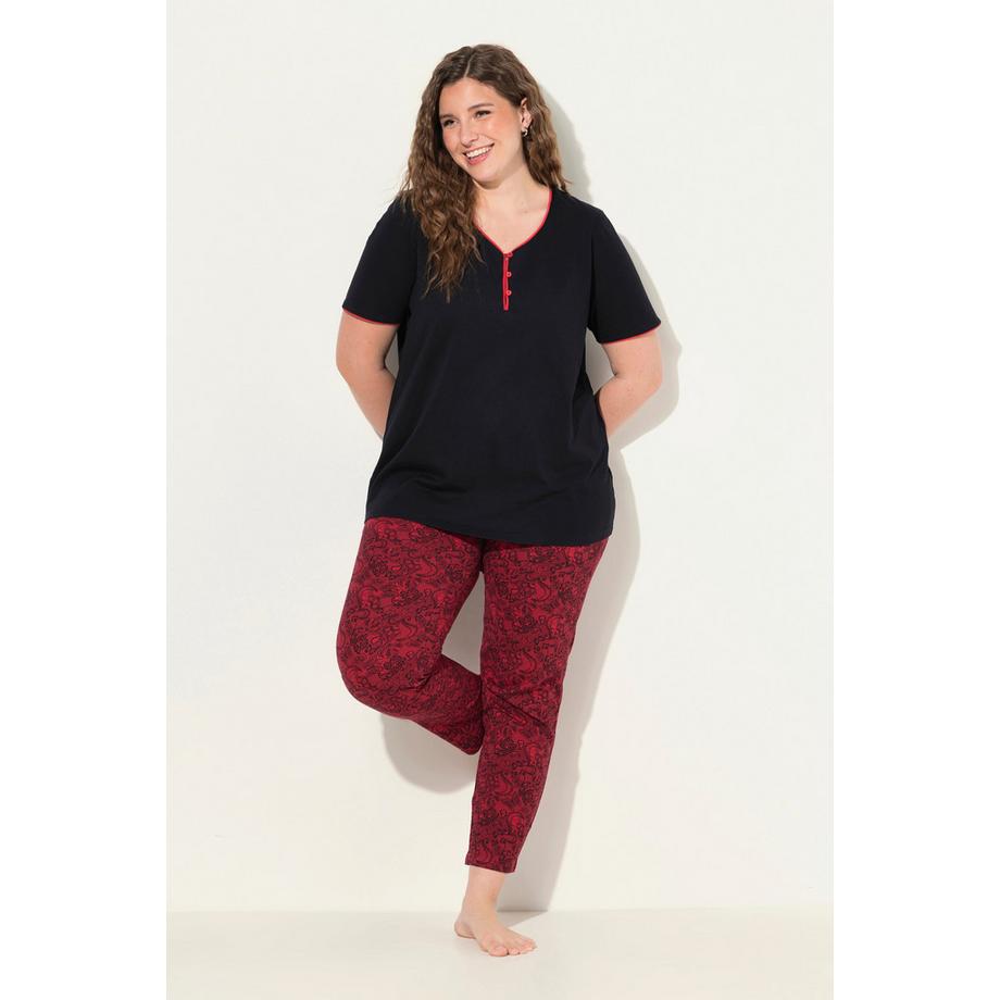 Ulla Popken Pyjama Set Liseré Fantaisie Imprimé Dentelle Manches Courtes  