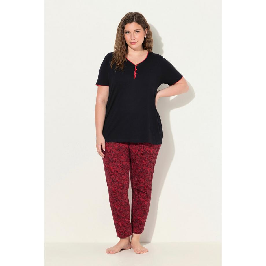 Ulla Popken Pyjama Set Liseré Fantaisie Imprimé Dentelle Manches Courtes  