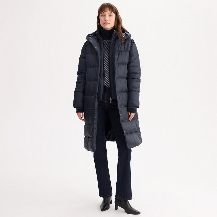 Lange Daunenjacke mit angenähter Kapuze und Reissverschluss