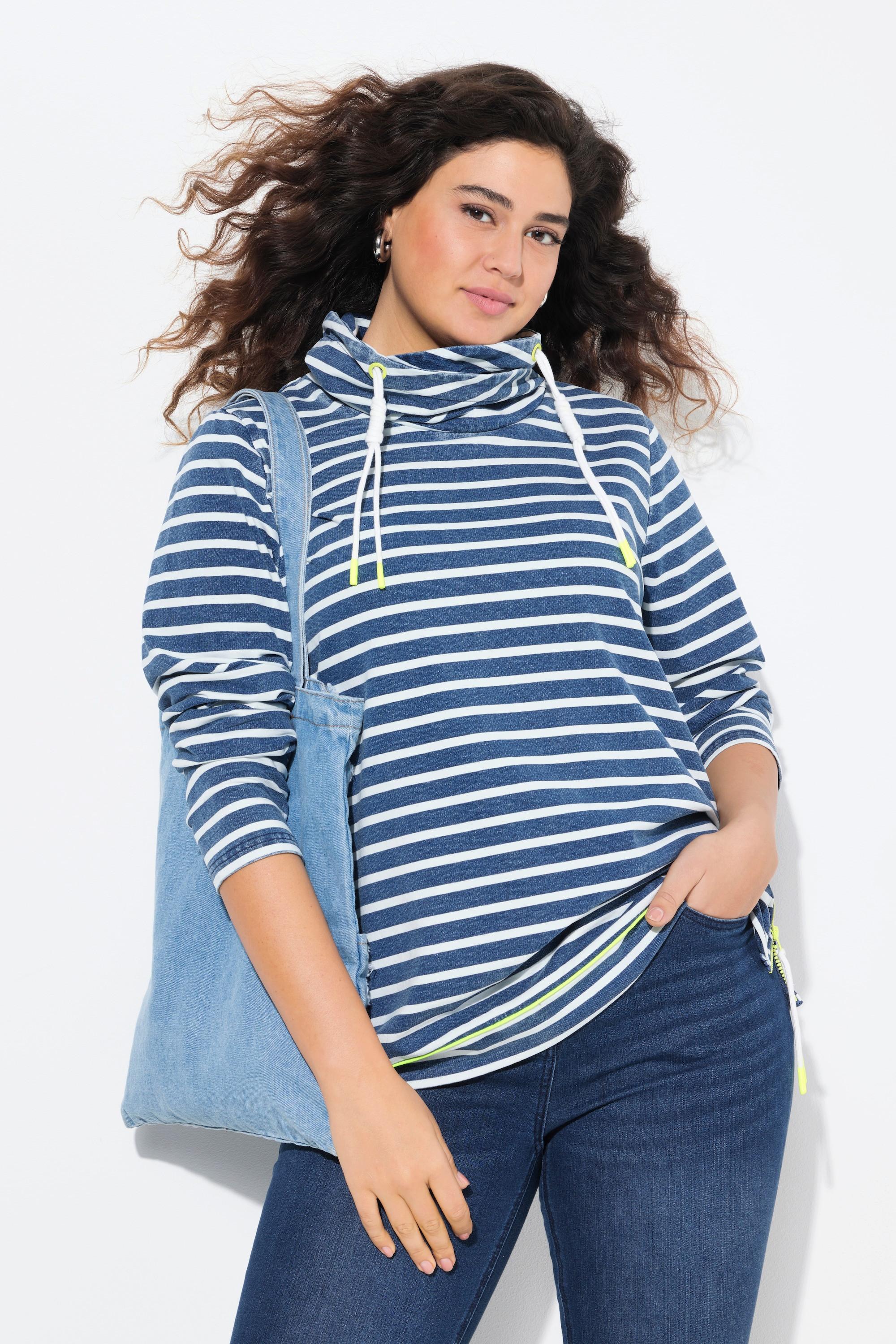 Ulla Popken Felpa Righe Dettagli Fluo Collo Alto Maniche Lunghe  