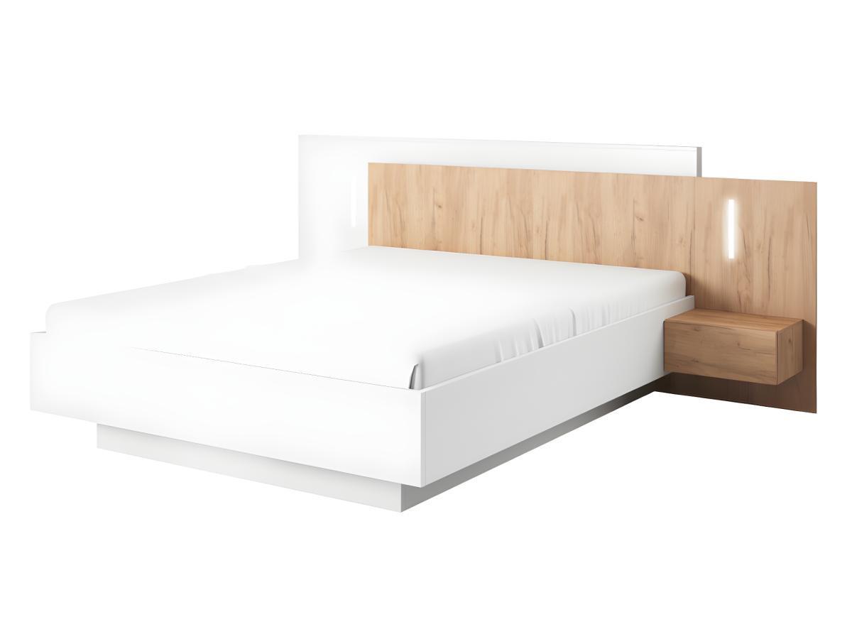 Vente-unique Lit avec chevets 160 x 200 cm - 2 tiroirs - Avec LEDs - Blanc et naturel + Sommier + Matelas - FRANCOLI  