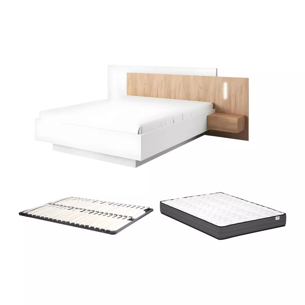 Vente-unique - Bett mit Nachttischen + Lattenrost + Matratze - 160 x 200 cm - 2 Schubladen + LEDs - Weiß & Holzfarben - FRANCOLI, 160X200CM, Weiss
