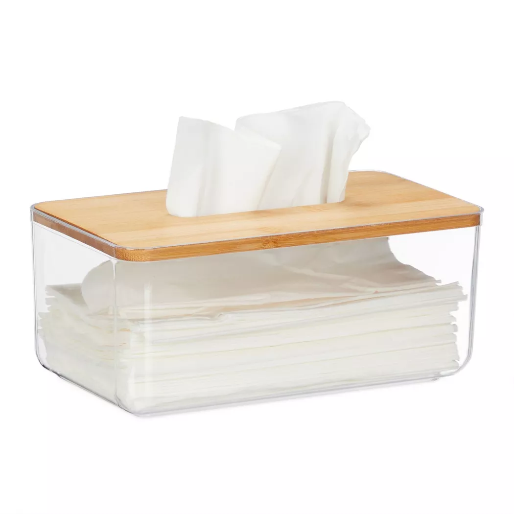B2X - Transparente Taschentuchbox mit Bambusdeckel, 24cm
