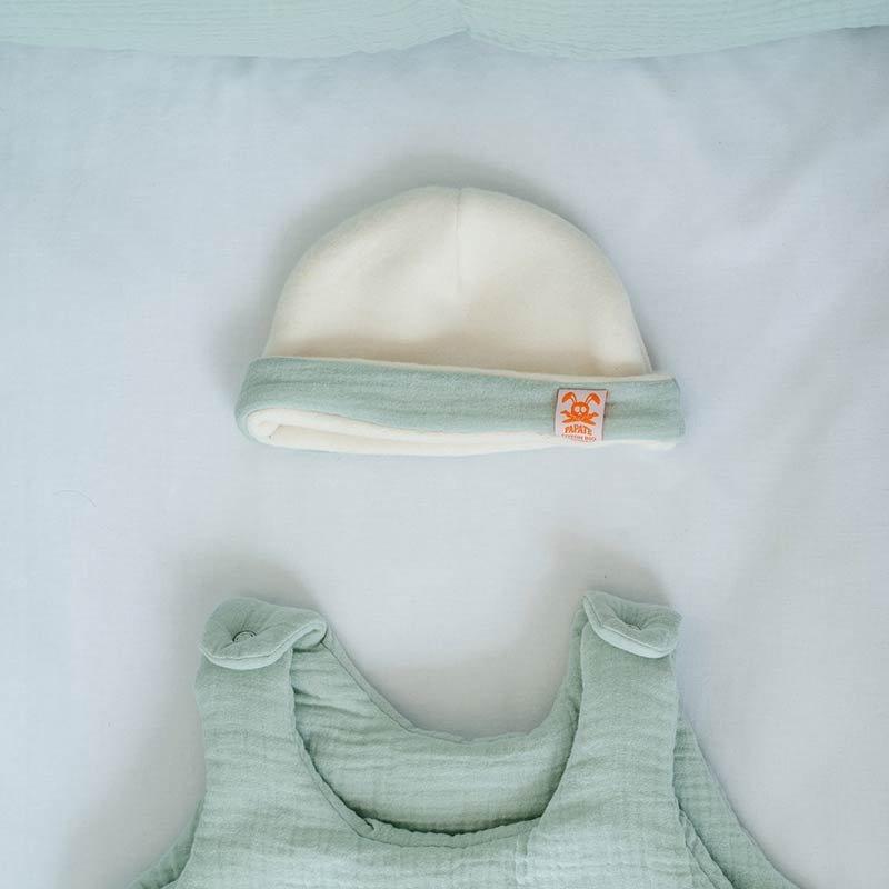 PAPATE  Bonnet de Naissance en Coton Bio Blanc et Vert 