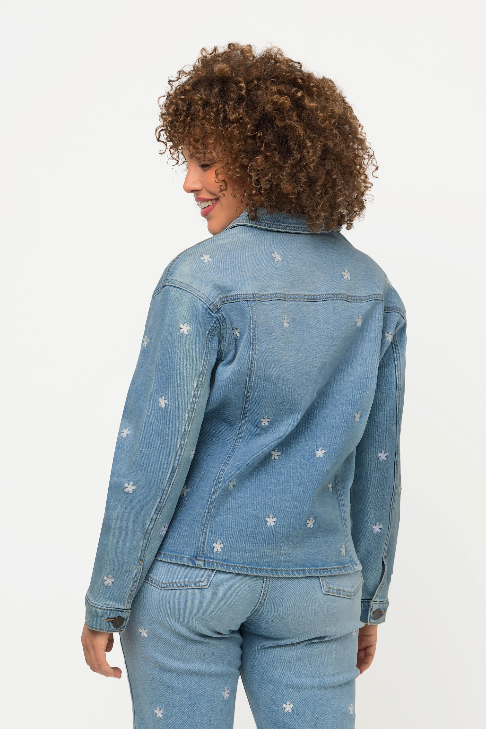 Ulla Popken Jeansjacke Oversized Blütenstickerei Hemdkragen  