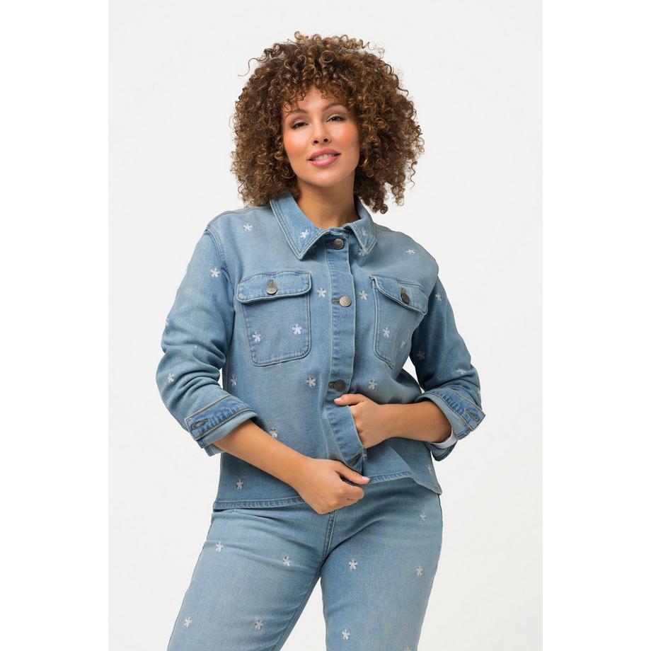 Ulla Popken Veste en jean Oversize Broderie florale Col de chemise  