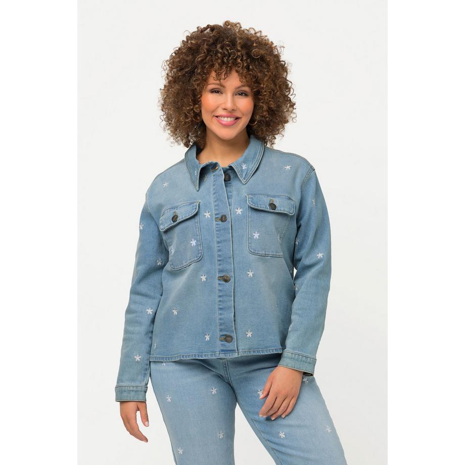 Ulla Popken Veste en jean Oversize Broderie florale Col de chemise  