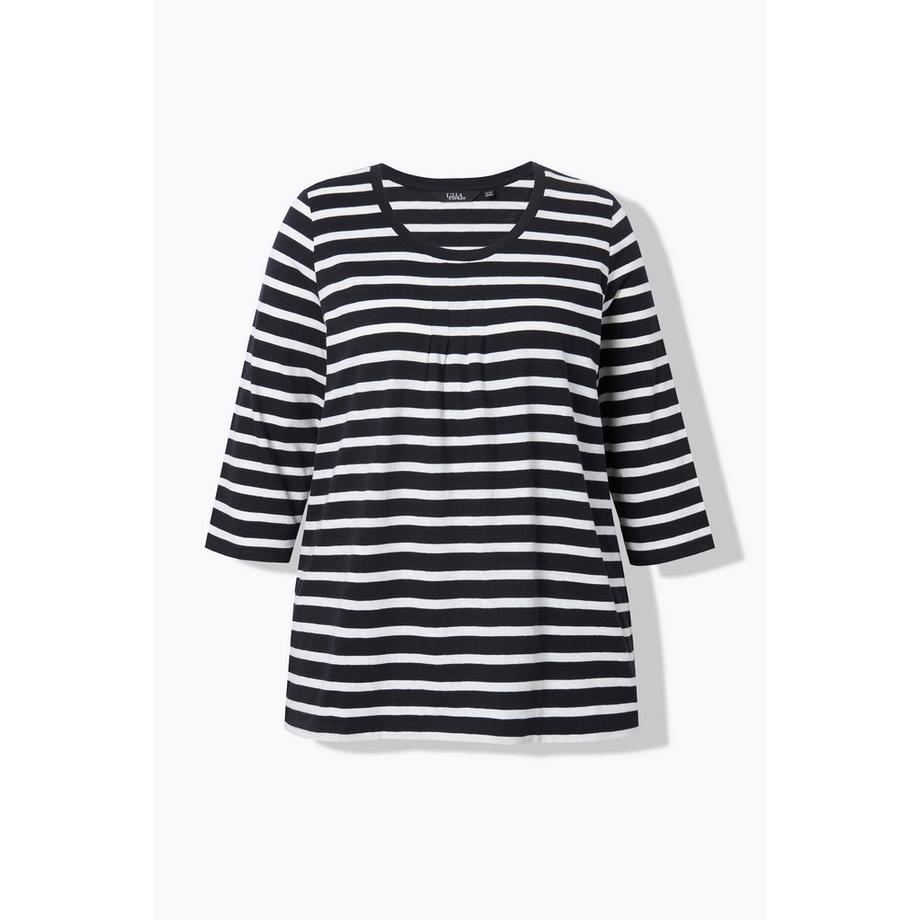 Ulla Popken T-shirt Rayé Coupe Évasée Col Rond Manches 3/4 avec Plis Fantaisie  