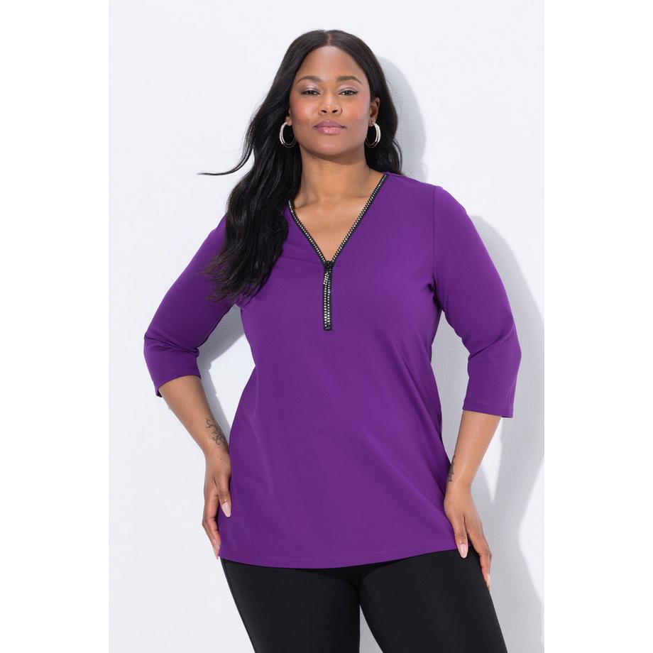 Ulla Popken Punto A-Line Fermeture Éclair Col V Manches 3/4 T-shirt  