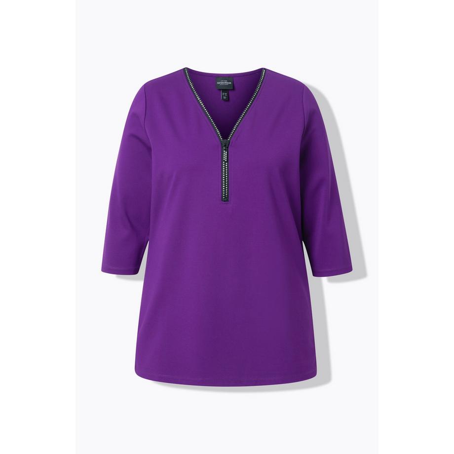 Ulla Popken Punto A-Line Fermeture Éclair Col V Manches 3/4 T-shirt  